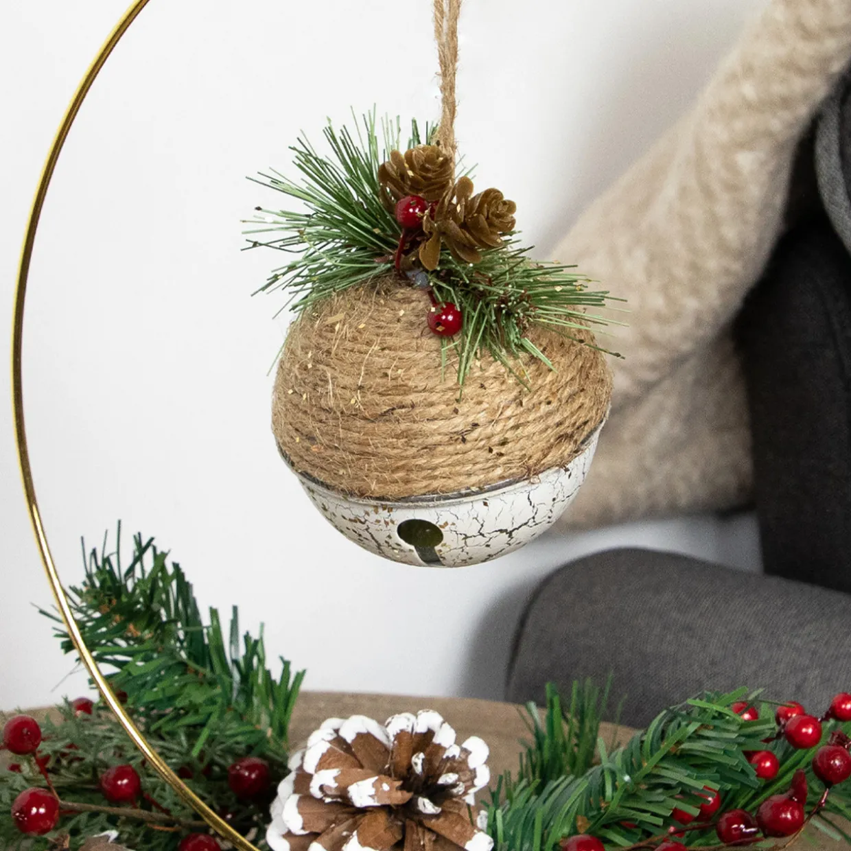 5" Acorn Jingle Bell with Holly Berry and Pine Cones Christmas Ornament