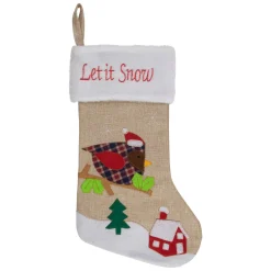 19" Beige and Red Burlap "Let It Snow" Bird Christmas Stocking
