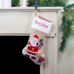 19" Beige and Red Burlap "Merry Christmas" Santa Christmas Stocking