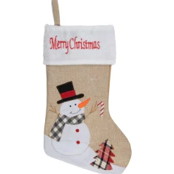 19" Beige and Red Burlap "Merry Christmas" Snowman Christmas Stocking