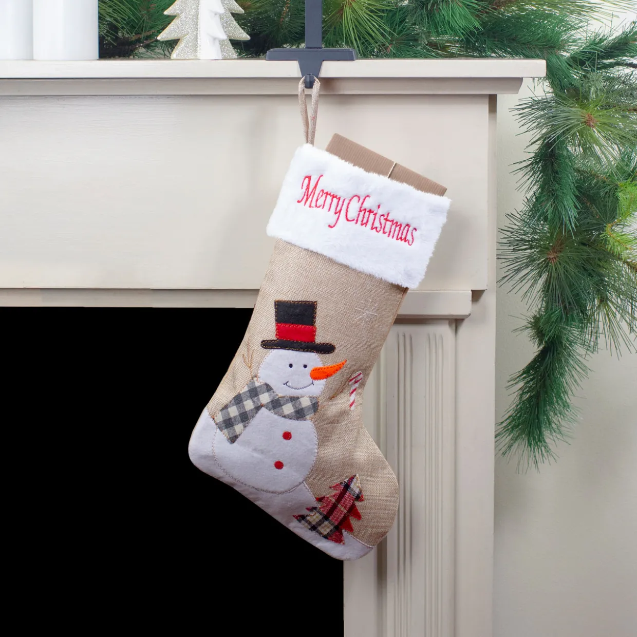 19" Beige and Red Burlap "Merry Christmas" Snowman Christmas Stocking