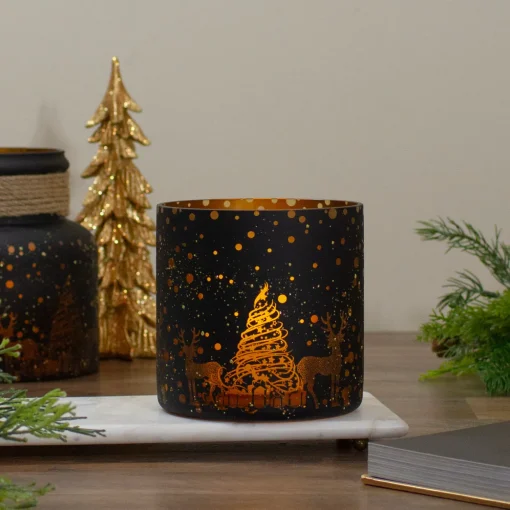6" Black and Gold Deer and Pine Trees Flameless Glass Candle Holder