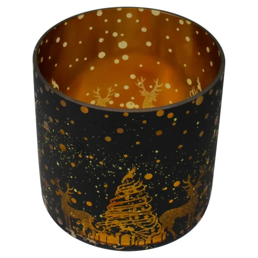 6" Black and Gold Deer and Pine Trees Flameless Glass Candle Holder