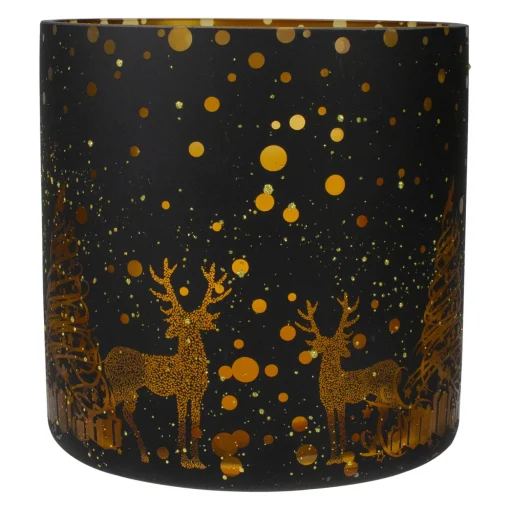 6" Black and Gold Deer and Pine Trees Flameless Glass Candle Holder