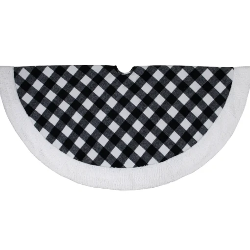 48" Black and White Buffalo Plaid Christmas Tree Skirt with High Pile Fleece Trim