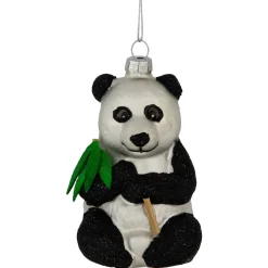 4" Black and White Glittered Panda Glass Christmas Hanging Ornament