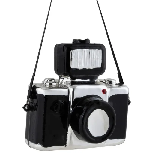 4" Black Retro Camera Glass Christmas Ornament