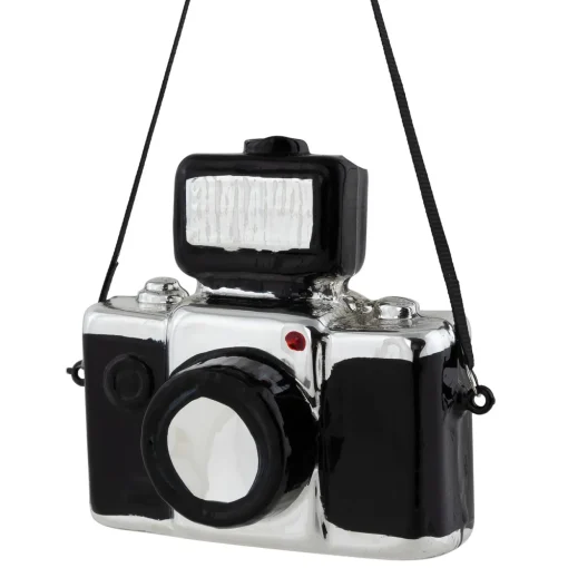 4" Black Retro Camera Glass Christmas Ornament