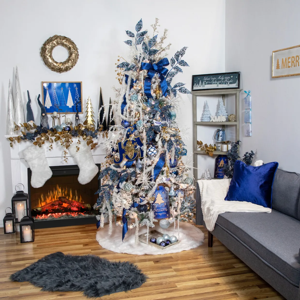17.75" Blue and White Christmas Trees Wooden Framed Wall Art