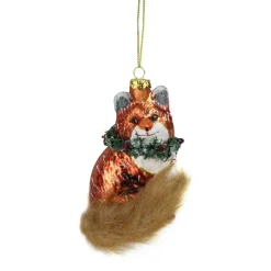 4.5" Brown and Green Fox with Faux Fur Tail and Wreath Christmas Ornament
