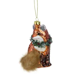 4.5" Brown and Green Fox with Faux Fur Tail and Wreath Christmas Ornament