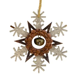 6" Brown and White Wooden Snowflake Christmas Ornament