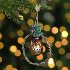 5.25" Brown Glass Owl in a Twig Wreath Christmas Ornament