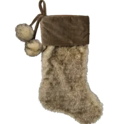 20.5" Brown Plush Christmas Stocking with Corduroy Cuff and Pom Poms