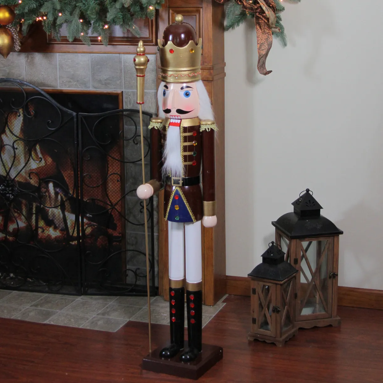 48" Burgundy and White Wooden Christmas Nutcracker King with Scepter