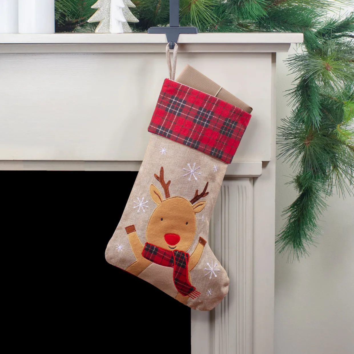 19" Burlap Plaid Whimsical Reindeer Waiving Christmas Stocking