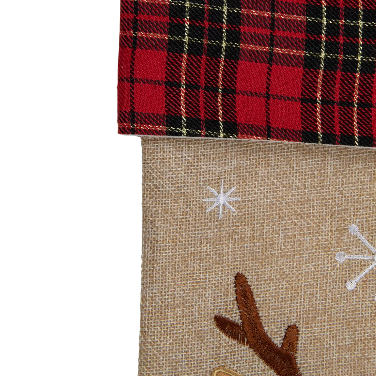 19" Burlap Plaid Whimsical Reindeer Waiving Christmas Stocking