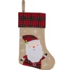 19" Burlap Plaid Whimsical Santa Waiving Christmas Stocking