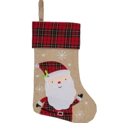 19" Burlap Plaid Whimsical Santa Waiving Christmas Stocking