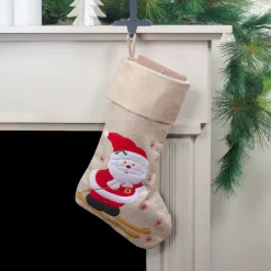 19" Burlap Skiing Santa With Poles and Snowflakes Christmas Stocking