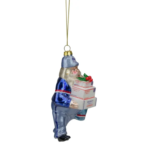 6" Busy Santa "USPS Priority" Mail Carrier Glass Christmas Ornament