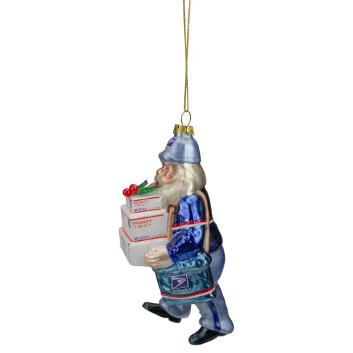 6" Busy Santa "USPS Priority" Mail Carrier Glass Christmas Ornament