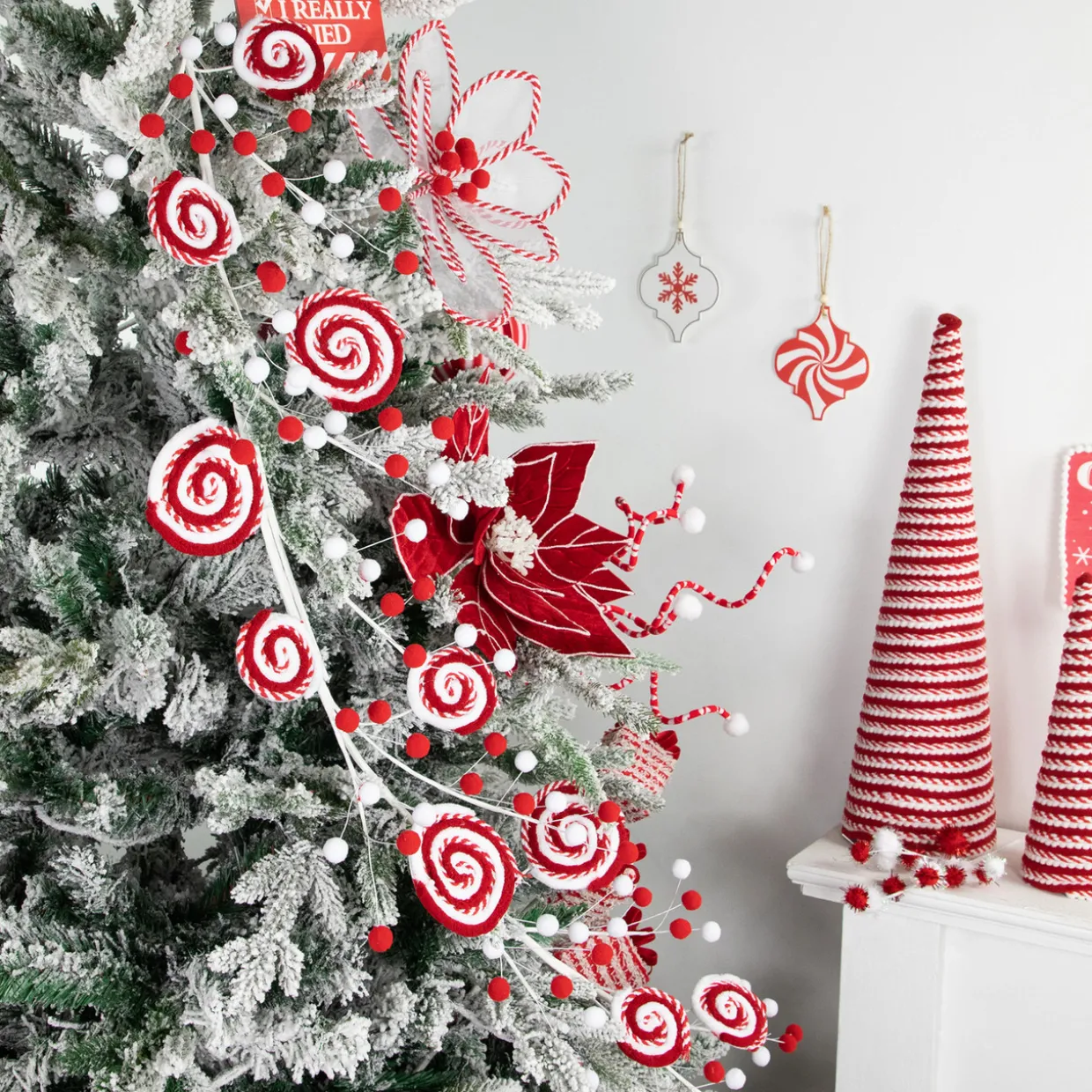 30" Candy Cane Swirls and Pom Poms Christmas Garland