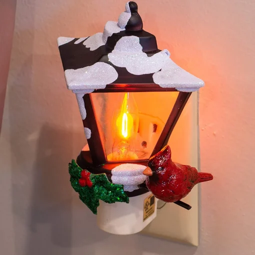 6" Cardinal on a Snow Covered Street Lamp Flickering Christmas Night Light