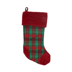 19" Christmas Traditions Red, Green and Gold Woven Plaid and Velvet Stocking