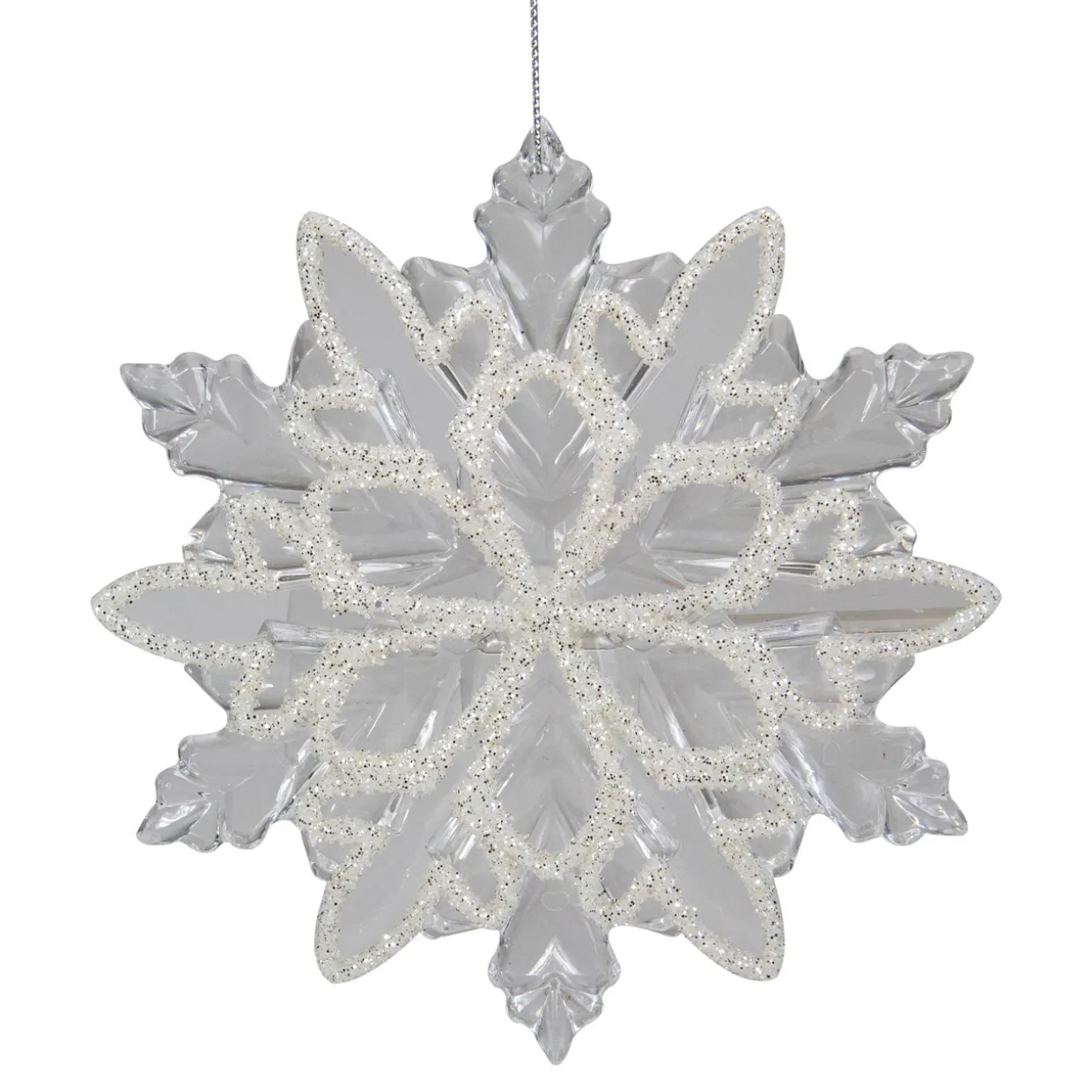 5.5" Clear Snowflake with White Design Christmas Ornament