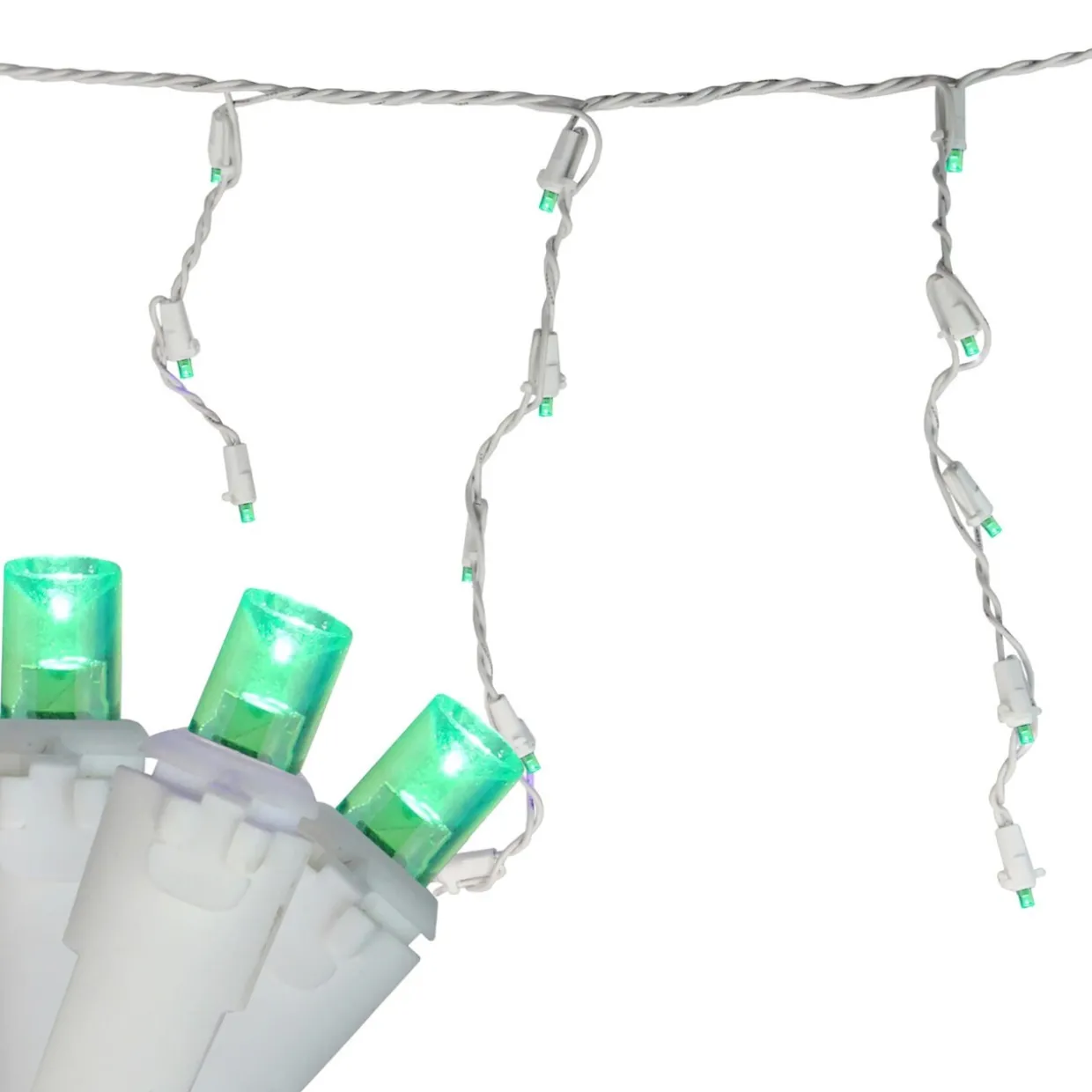 100 Count Green LED Wide Angle Icicle Christmas Lights, 5.5ft White Wire