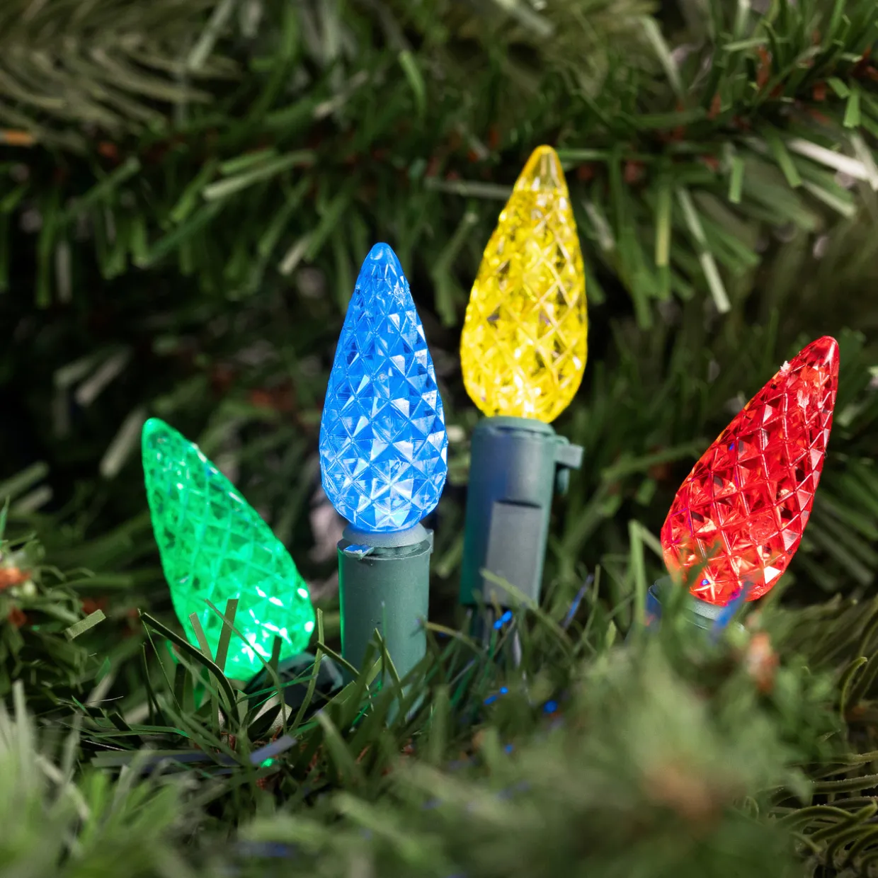 200 Count Multi-Color LED Faceted C6 Christmas Lights - Green Wire