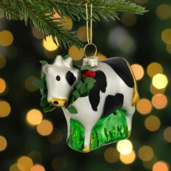3" Cow with Wreath Christmas Glass Hanging Ornament