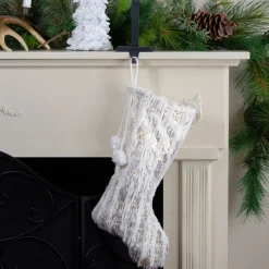 20" Cream and Gold Wood Grain Pattern and Faux Fur Christmas Stocking