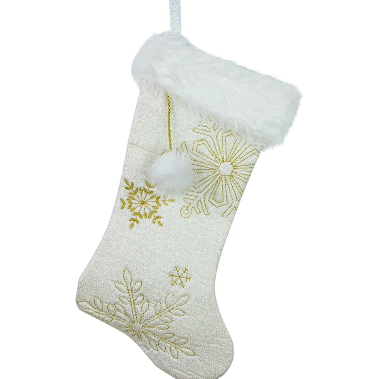 20" Cream with Gold Snowflakes Christmas Stocking with Faux Fur Cuff