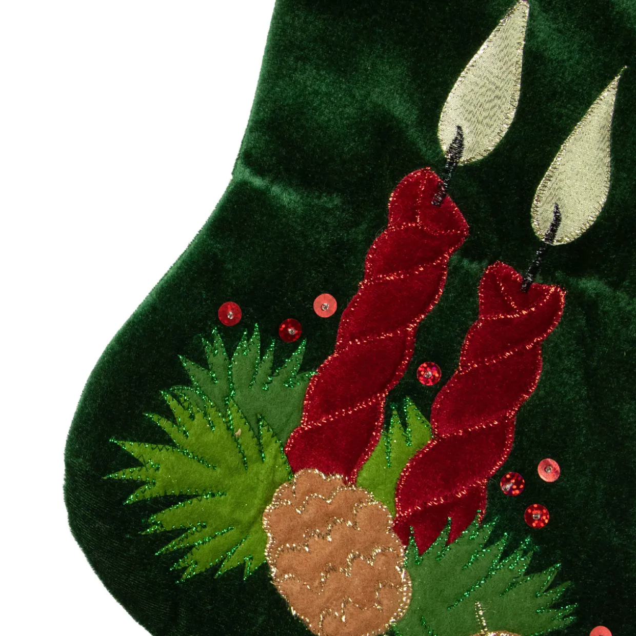 20" Dark Green and Burgundy Candle and Pine Cone Velveteen Christmas Stocking