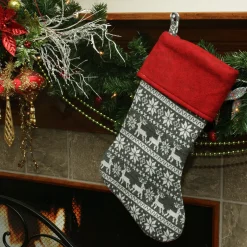 19" Festive Grey, White and Red Snowflakes & Reindeer Knit Christmas Stocking