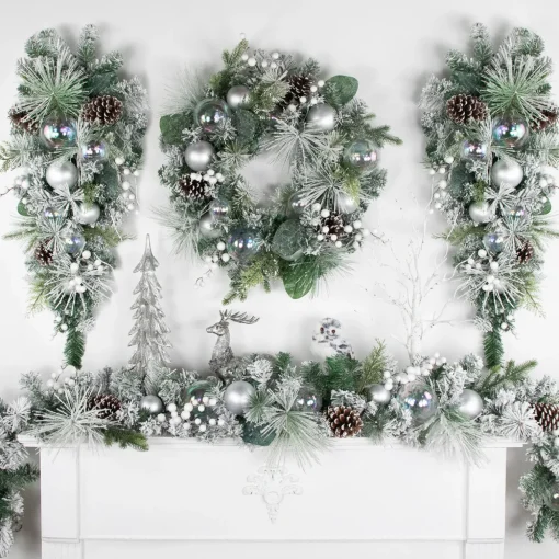 30" Flocked Pine Artificial Christmas Teardrop Swag with Iridescent Ornaments - Unlit