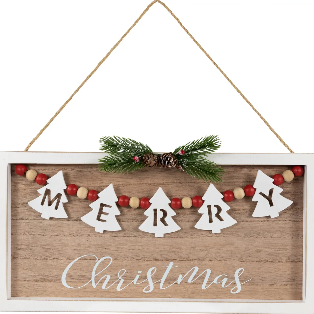15.75" Framed Rustic "Merry Christmas" Beaded Wooden Wall Sign