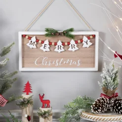 15.75" Framed Rustic "Merry Christmas" Beaded Wooden Wall Sign