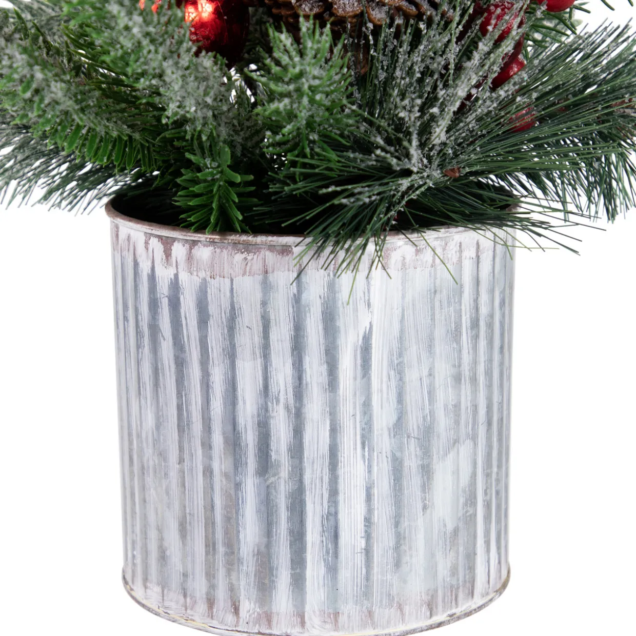 12" Frosted Pine, Berries and Pine Cones Floral Arrangement in Tin Pot