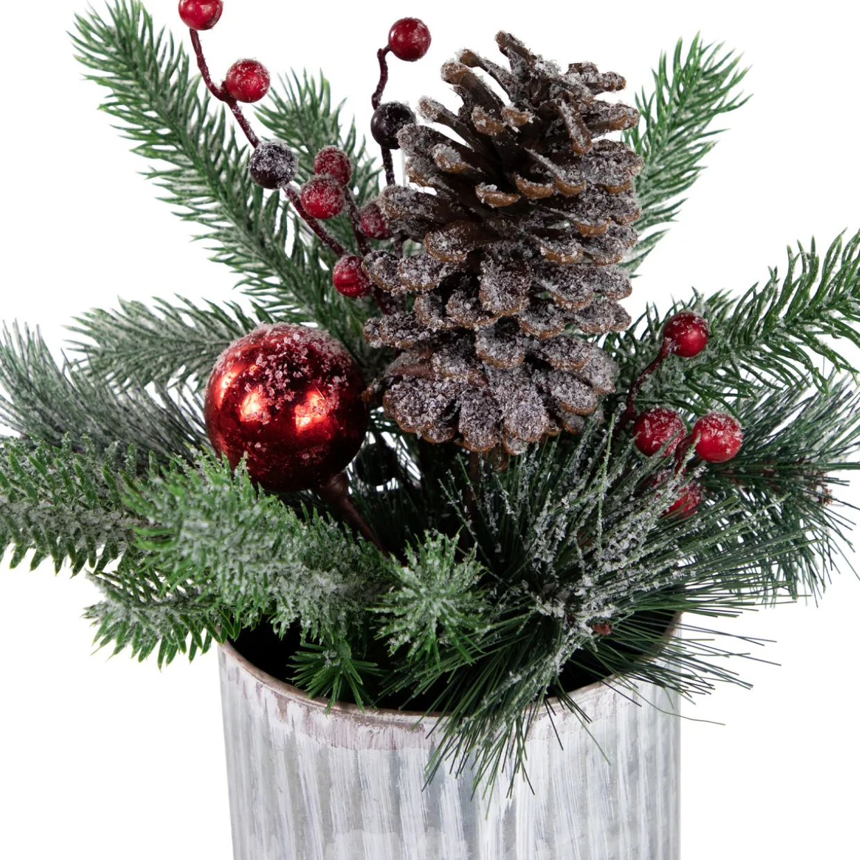 12" Frosted Pine, Berries and Pine Cones Floral Arrangement in Tin Pot