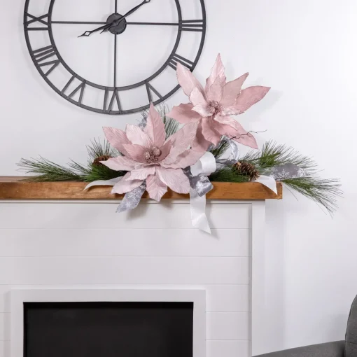24" Glittered Pink Poinsettia Christmas Stem Spray