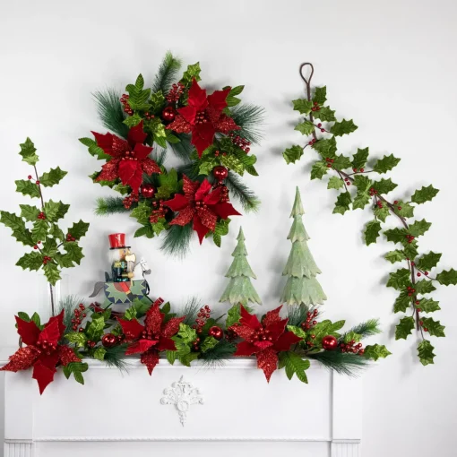 24" Glittered Red Poinsettia and Long Pine Christmas Wreath, Unlit