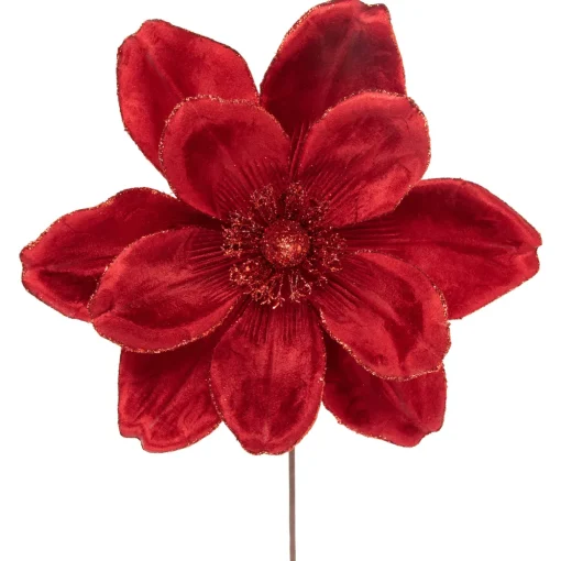 20" Glittered Red Velvet Magnolia Christmas Stem Spray