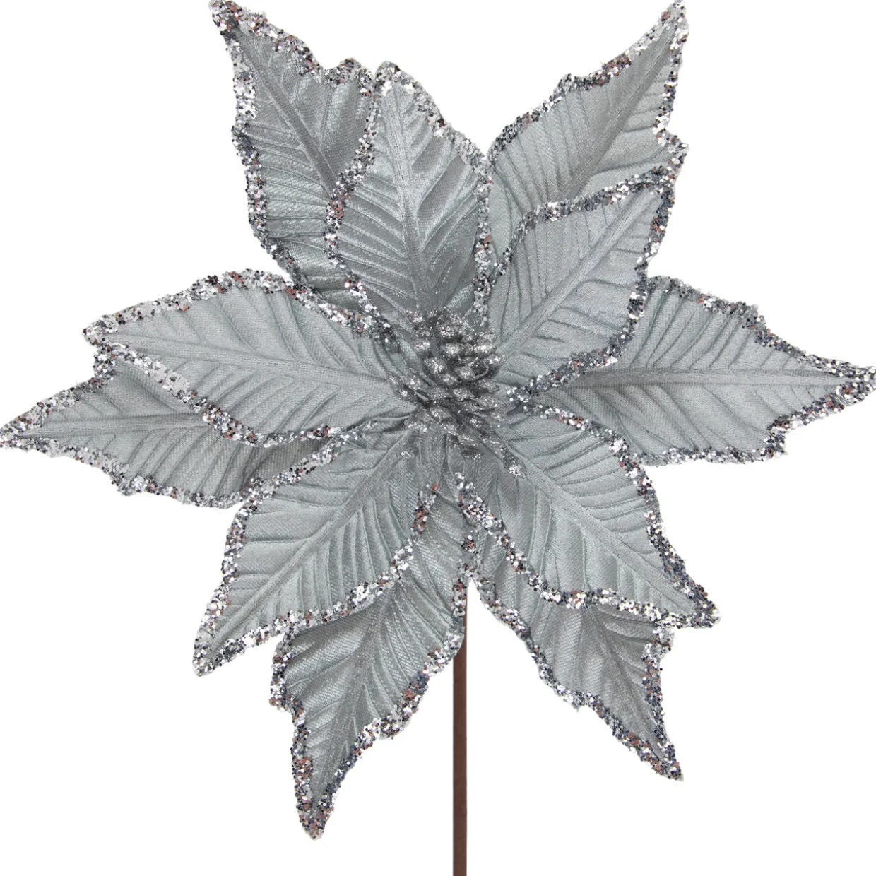 25" Glittered Silver Poinsettia Christmas Stem Spray