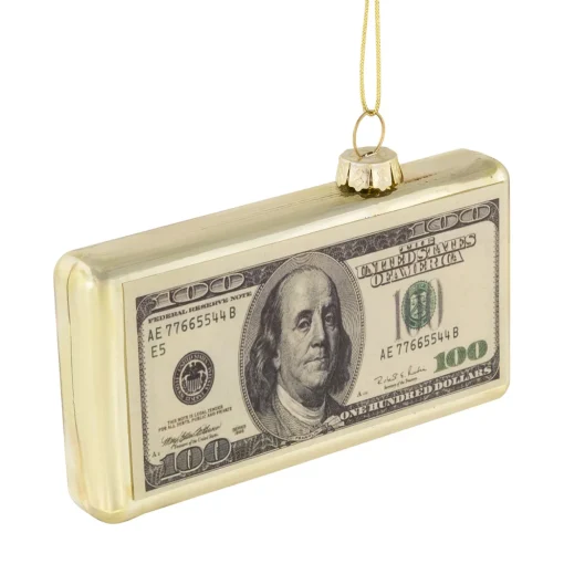 4.5" Gold 100 Dollar Bill Glass Christmas Ornament