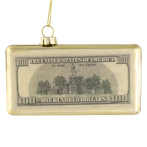 4.5" Gold 100 Dollar Bill Glass Christmas Ornament
