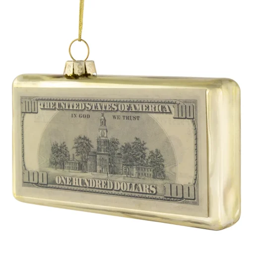 4.5" Gold 100 Dollar Bill Glass Christmas Ornament