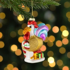 5" Gold and Red Rooster Glass Christmas Ornament